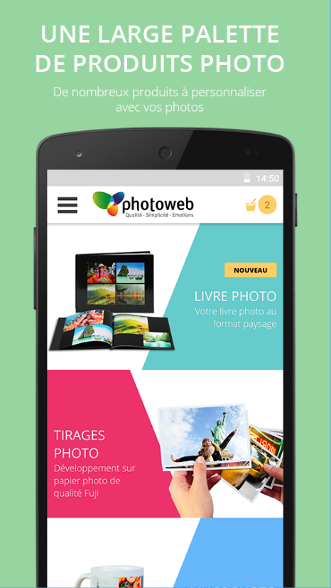 image de l'application mobile Photoweb avec un choix de produit